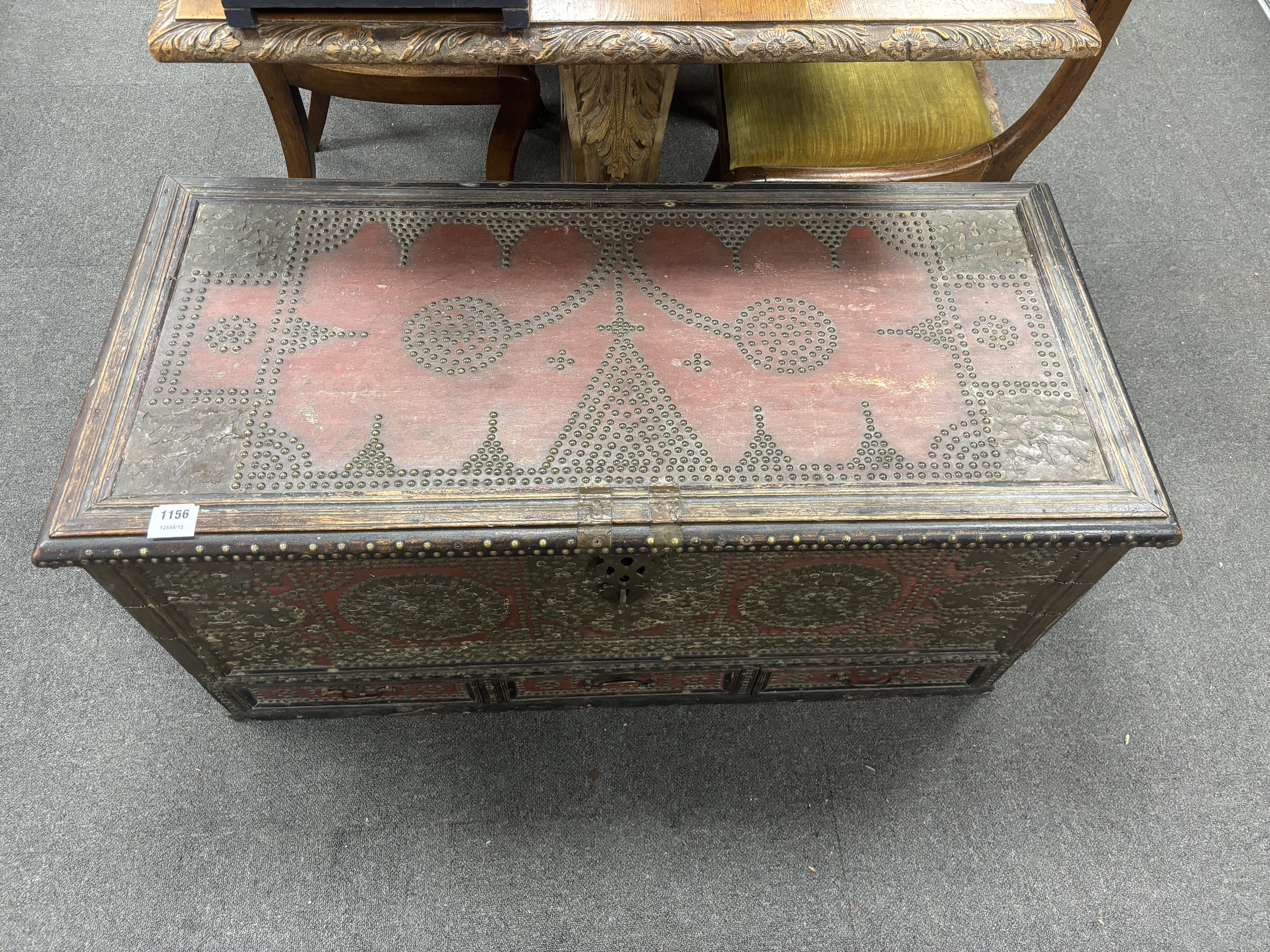 A Zanzibar brass studded chest, width 109cm, depth 51cm, height 52cm